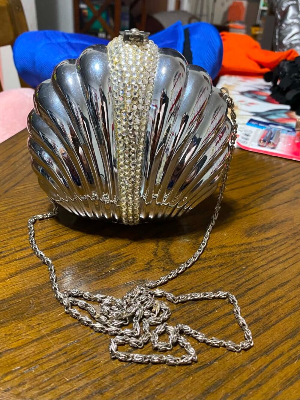 Vintage Silver Clam Shell Evening Clutch | Rhinestone Crystal Retro Bag